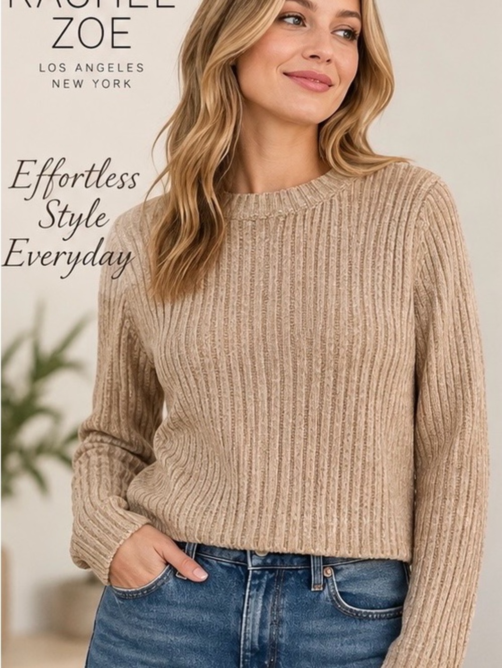 RACHEL ZOE RIBBED KNIT CREWNECK SWEATER TAUPE BEIGH (XS)